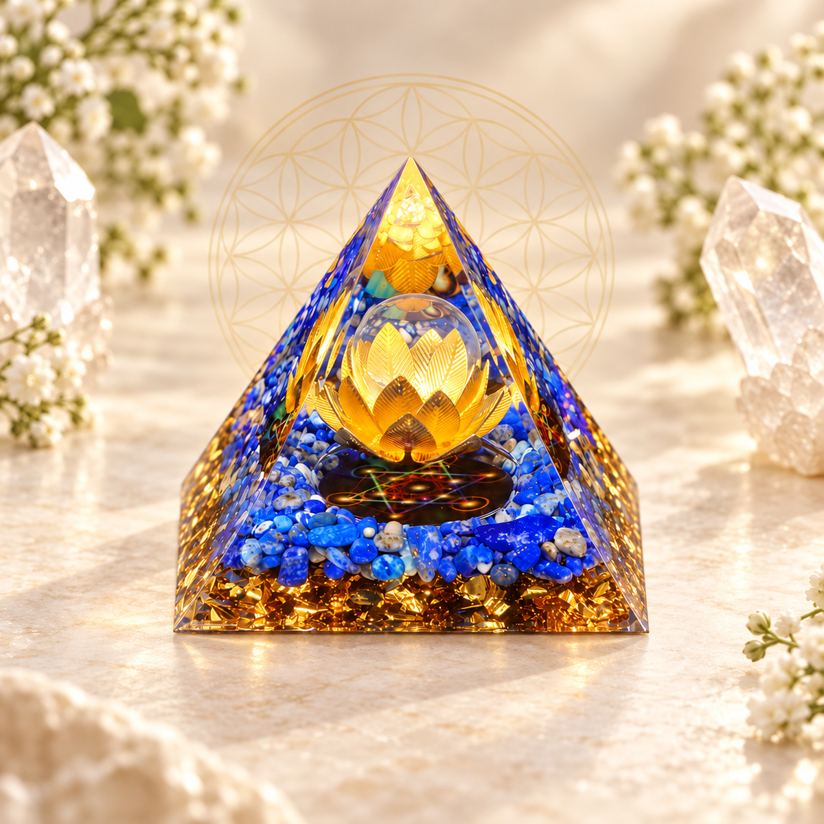 PIRÂMIDE DE ORGONITE LÓTUS COM LÁPIS-LAZÚLI. SABEDORIA, VERDADE E RENASCIMENTO