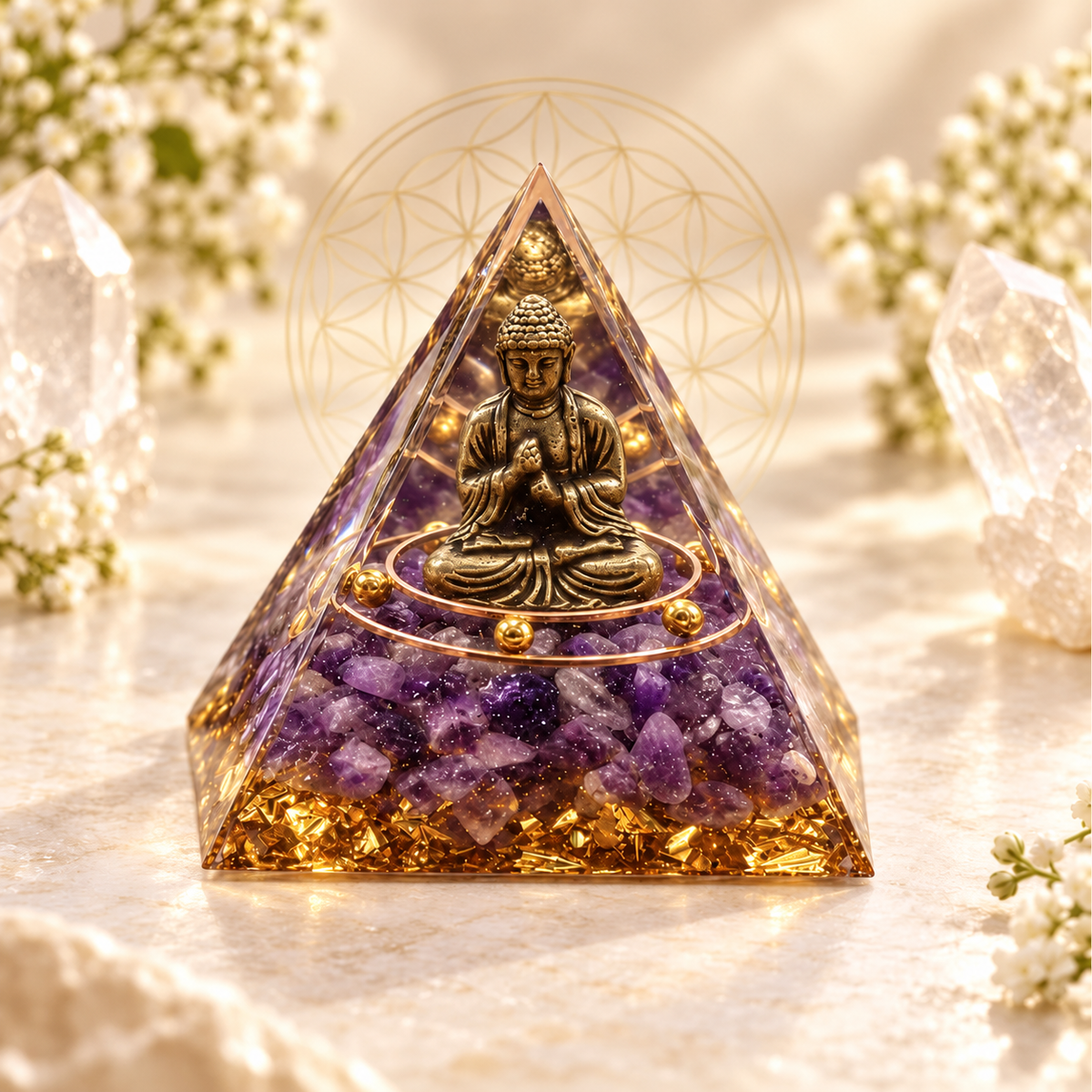 PIRÂMIDE DE ORGONITE COM BUDA E CRISTAIS VIOLETAS – MEDITAÇÃO, HARMONIA E DECORAÇÃO