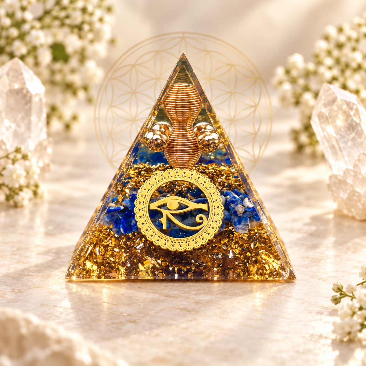 PIRÂMIDE DE ORGONITE OLHO DE HÓRUS COM LÁPIS-LAZÚLI - PROTEÇÃO, SABEDORIA E VISÃO INTERIOR