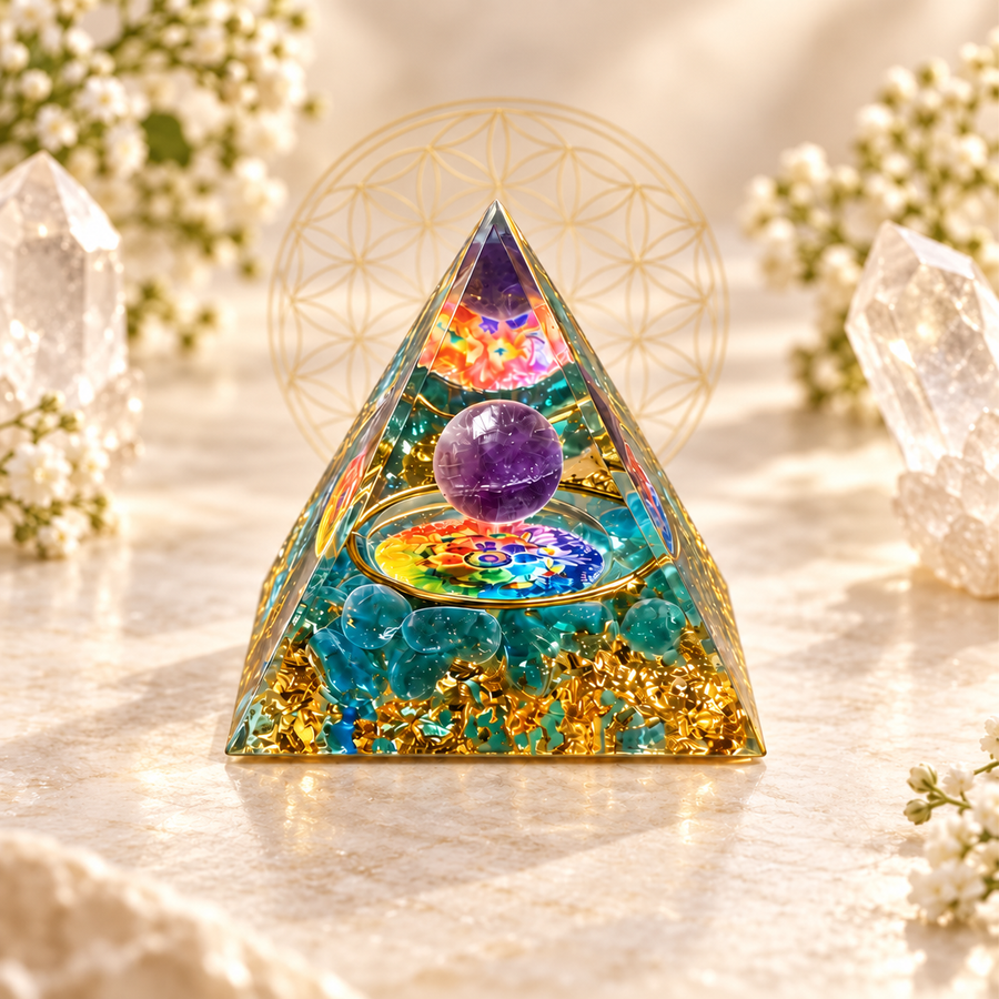 PIRÂMIDE DE ORGONITE COM AMETISTA E 7 CHAKRAS - EQUILÍBRIO, MEDITAÇÃO E HARMONIA