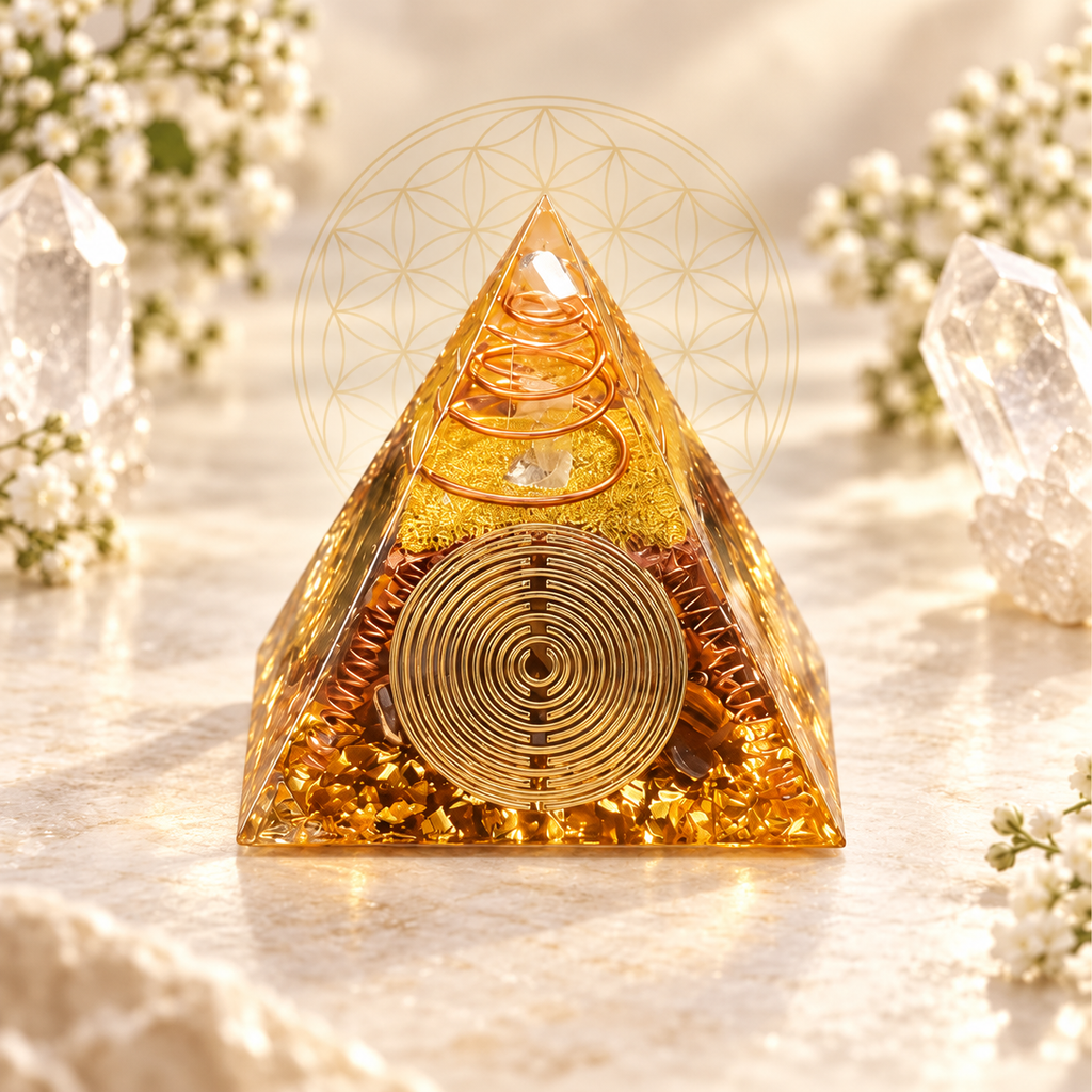 PIRÂMIDE DE ORGONITE "LUCE DELLA FORTUNA" COM CRISTAIS E ESPIRAL DE COBRE.