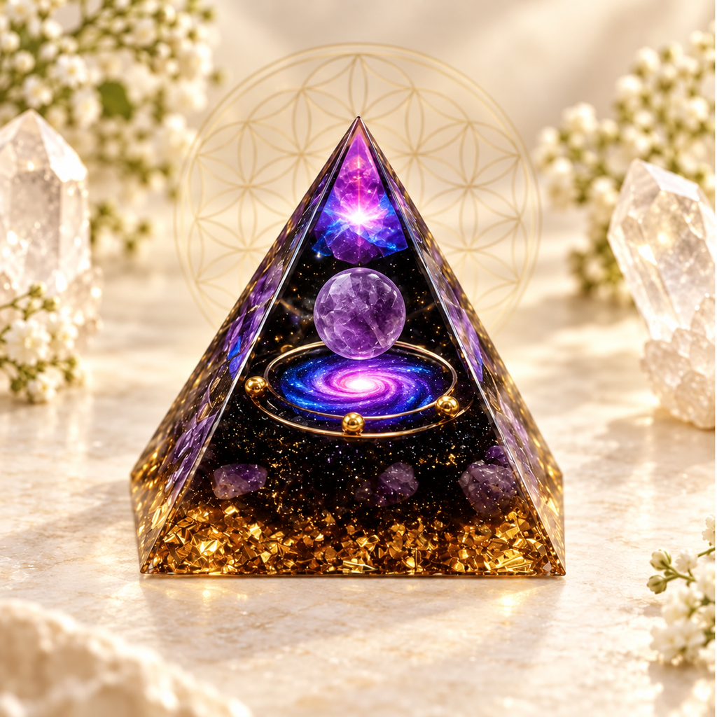 PIRÂMIDE DE ORGONITE GALÁXIA COM ESFERA DE AMETISTA. EQUILÍBRIO, SORTE E PROSPERIDADE