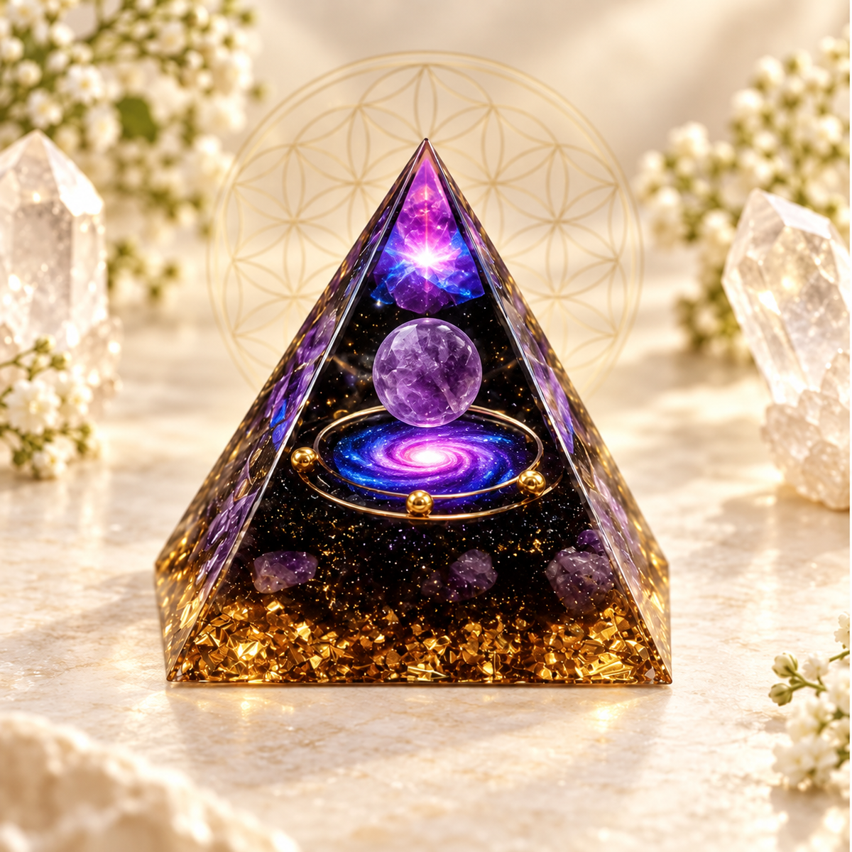 PIRÂMIDE DE ORGONITE GALÁXIA COM ESFERA DE AMETISTA. EQUILÍBRIO, SORTE E PROSPERIDADE