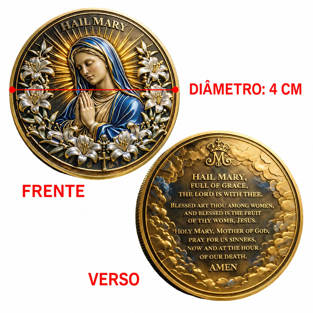 MOEDA SAGRADA AVE MARIA - VIRGEM MARIA EM DOURADO. FÉ, ORAÇÃO E DEVOÇÃO