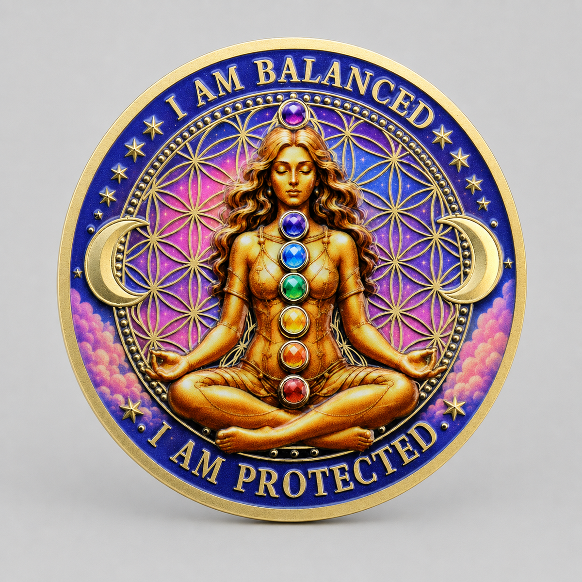 MOEDA DOS 7 CHAKRAS E ÁRVORE DA VIDA – EU ESTOU EQUILIBRADA E PROTEGIDA