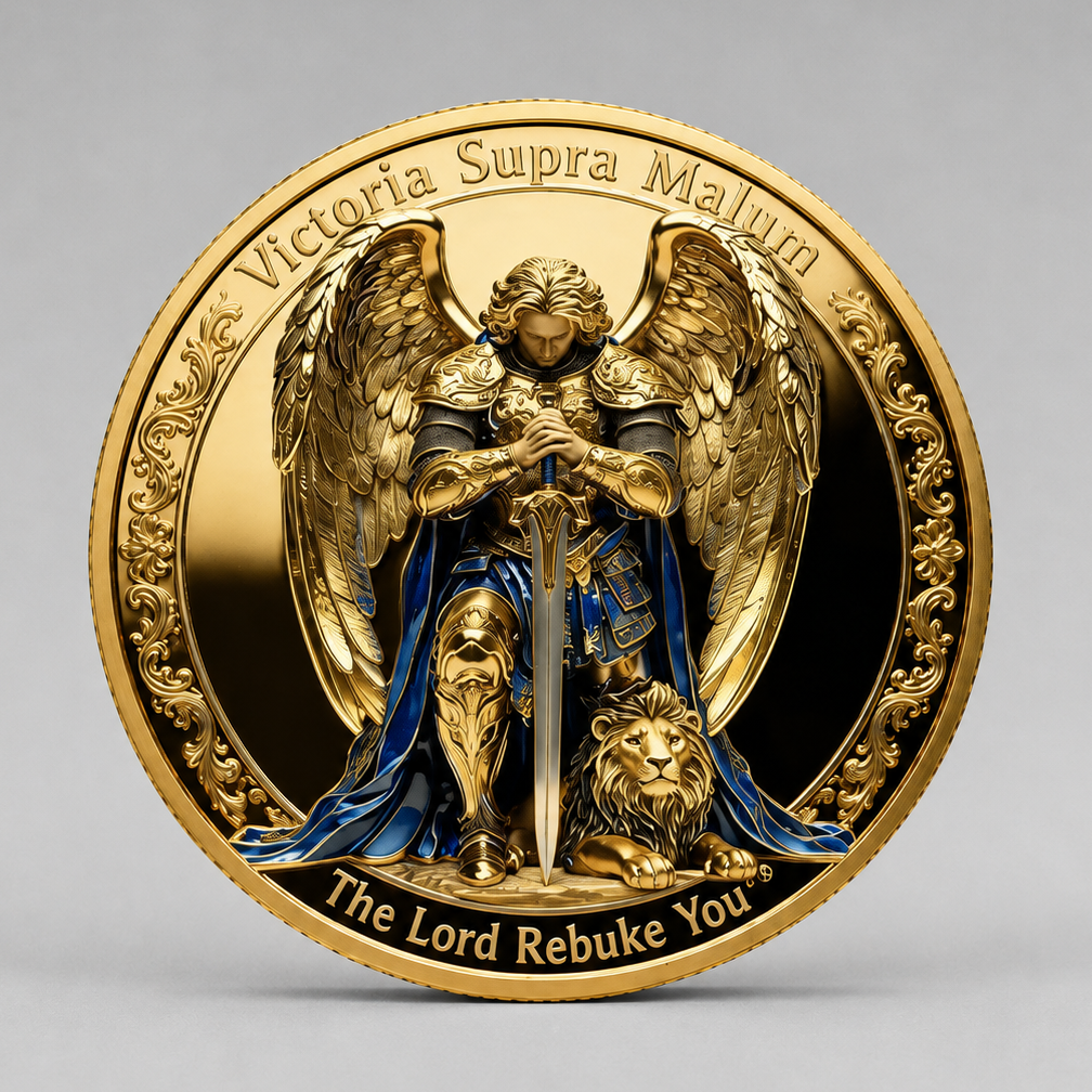 MOEDA COMEMORATIVA SÃO MIGUEL ARCANJO BANHADA A OURO – ESPADA DO ESPÍRITO. COLEÇÃO GUARDIÕES DA FÉ CRISTÃ