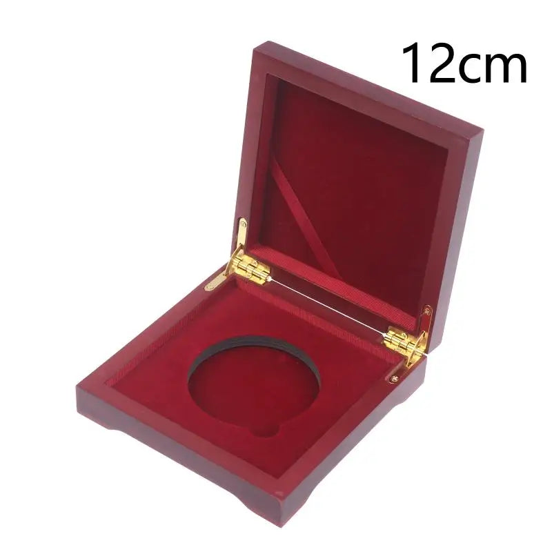 ESTOJO DE MADEIRA PARA MOEDA COM INTERIOR VERMELHO – 10 OU 12 CM