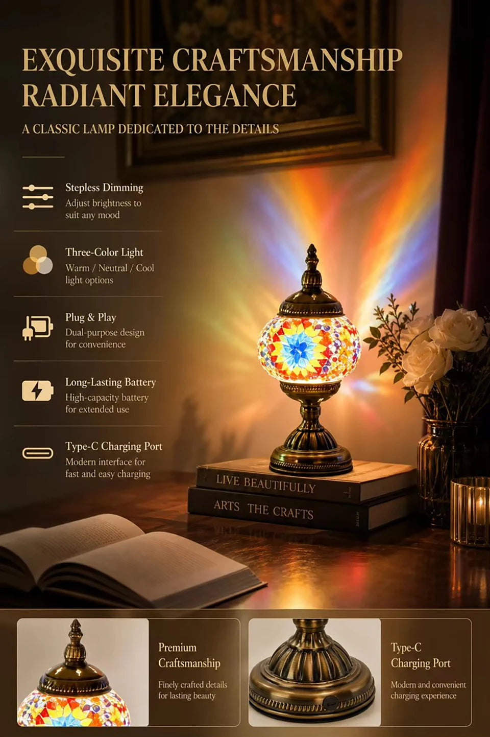 LUMINÁRIA DE MESA COM VIDRO COLORIDO — LUZ E ACOLHIMENTO