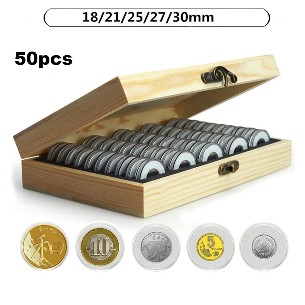 CAIXA DE MADEIRA COM 50 CÁPSULAS — MOEDAS DE ATÉ 30 MM