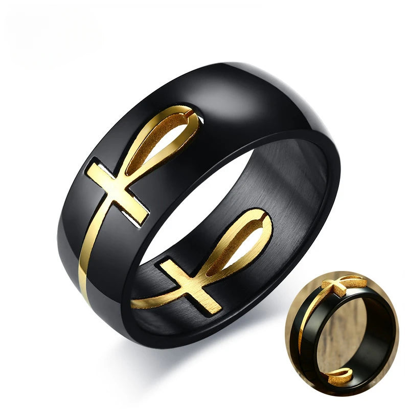 ANEL ANKH PRETO E DOURADO – CHAVE DA VIDA