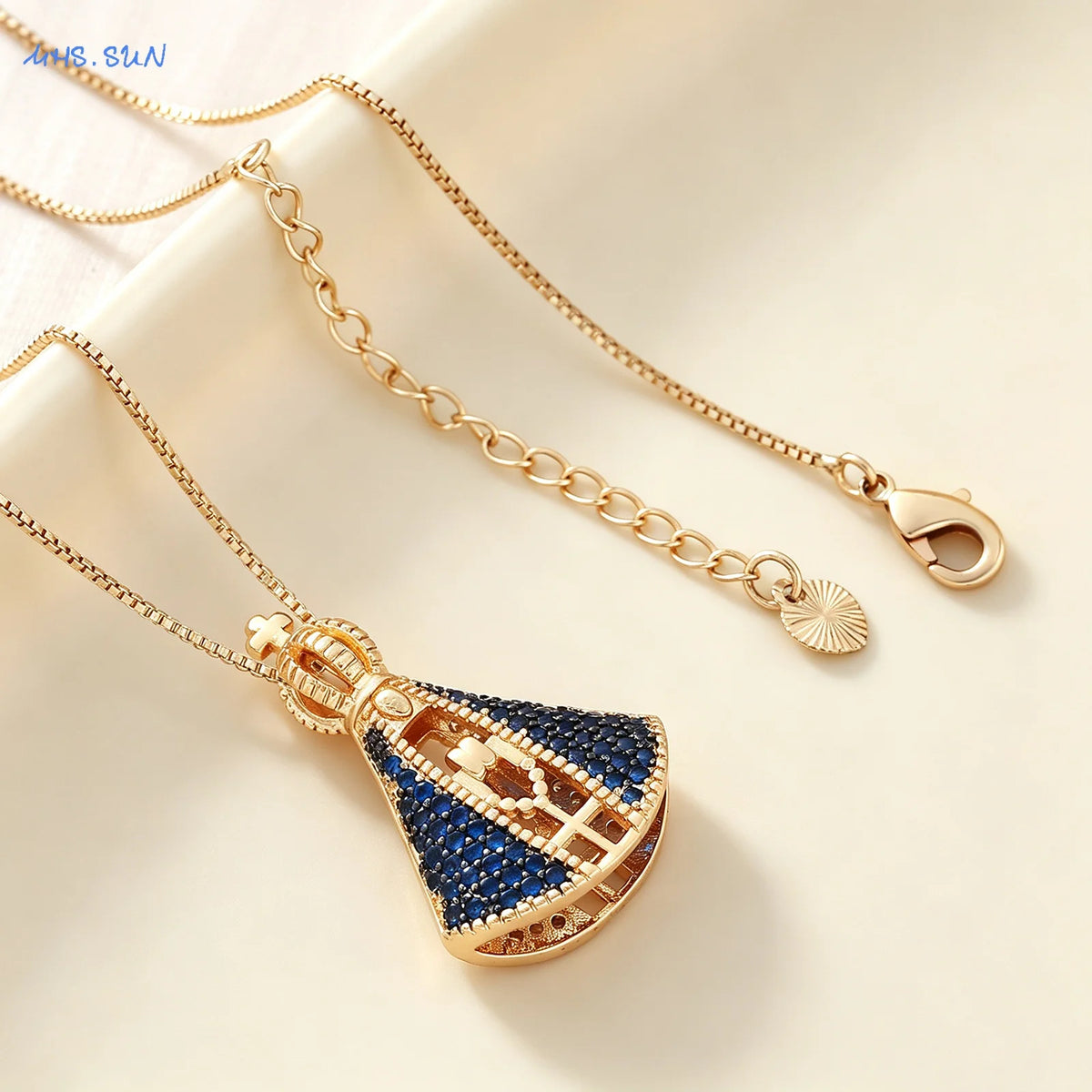 COLAR NOSSA SENHORA APARECIDA COM ZIRCÔNIAS – AZUL E DOURADO