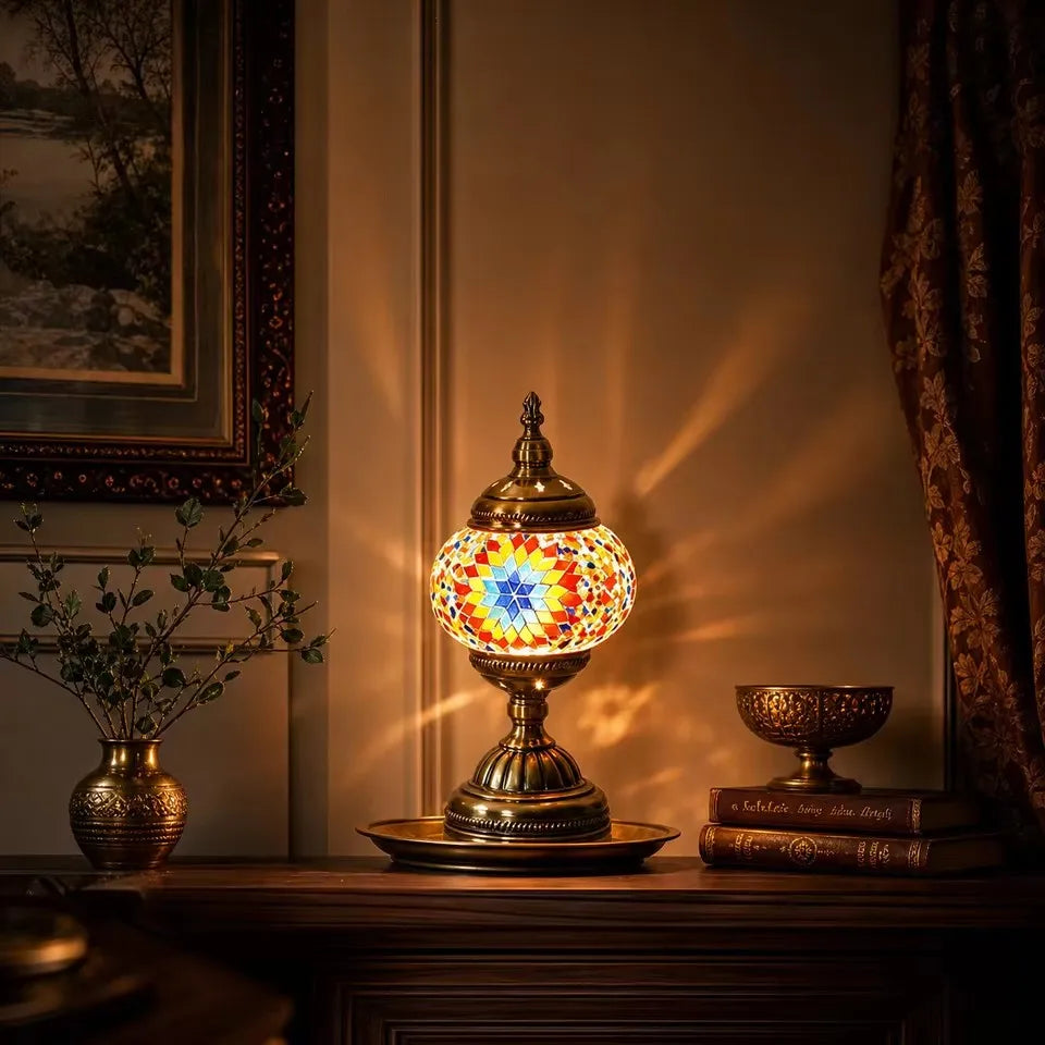 LUMINÁRIA DE MESA COM VIDRO COLORIDO — LUZ E ACOLHIMENTO