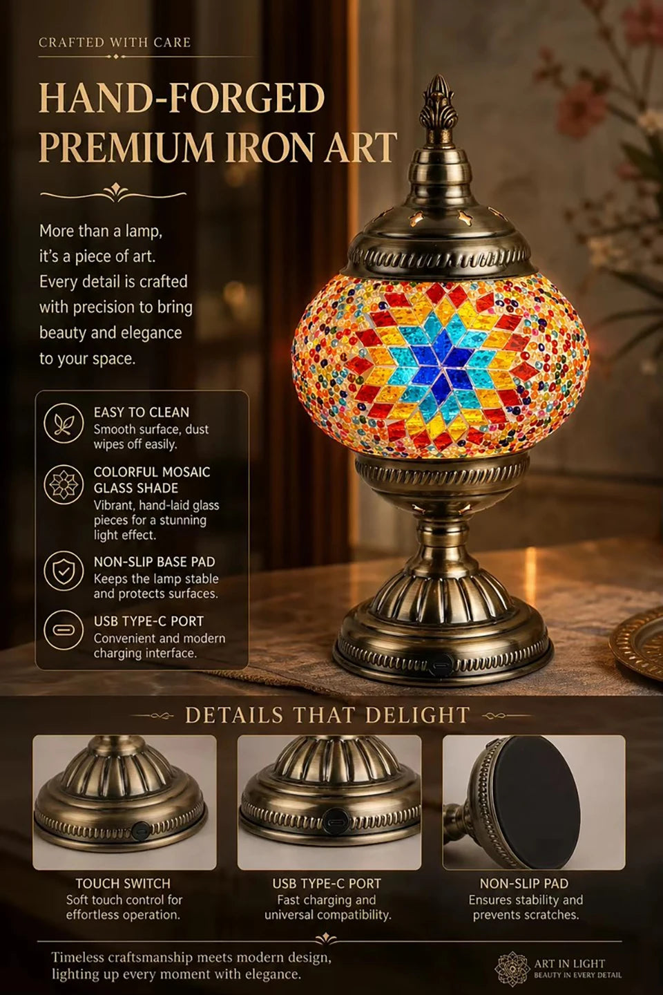 LUMINÁRIA DE MESA COM VIDRO COLORIDO — LUZ E ACOLHIMENTO