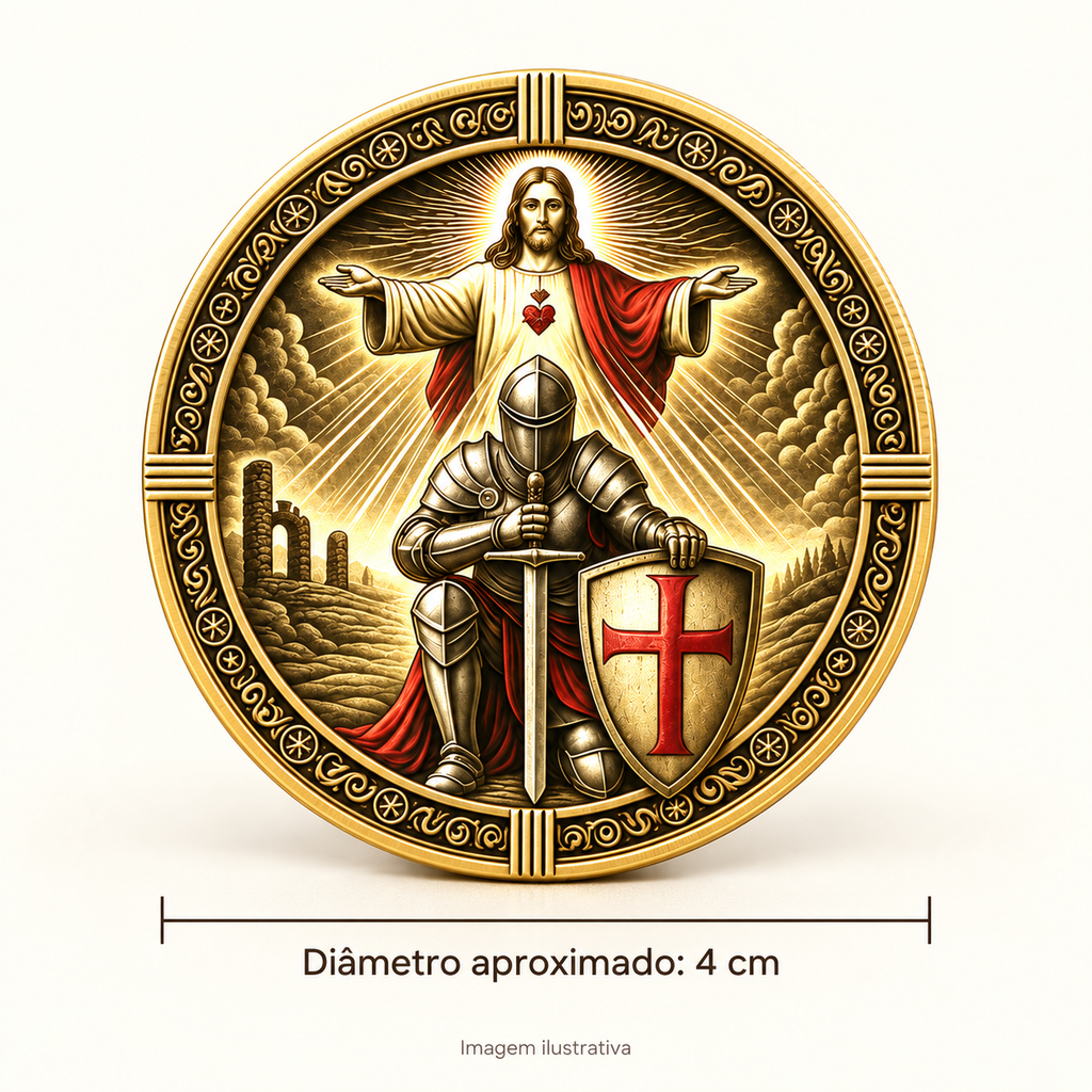 MOEDA ARMADURA DE DEUS – JESUS E CAVALEIRO DA FÉ. HONRA, CORAGEM E PROTEÇÃO ESPIRITUAL. — imagem ilustrativa com medidas aproximadas