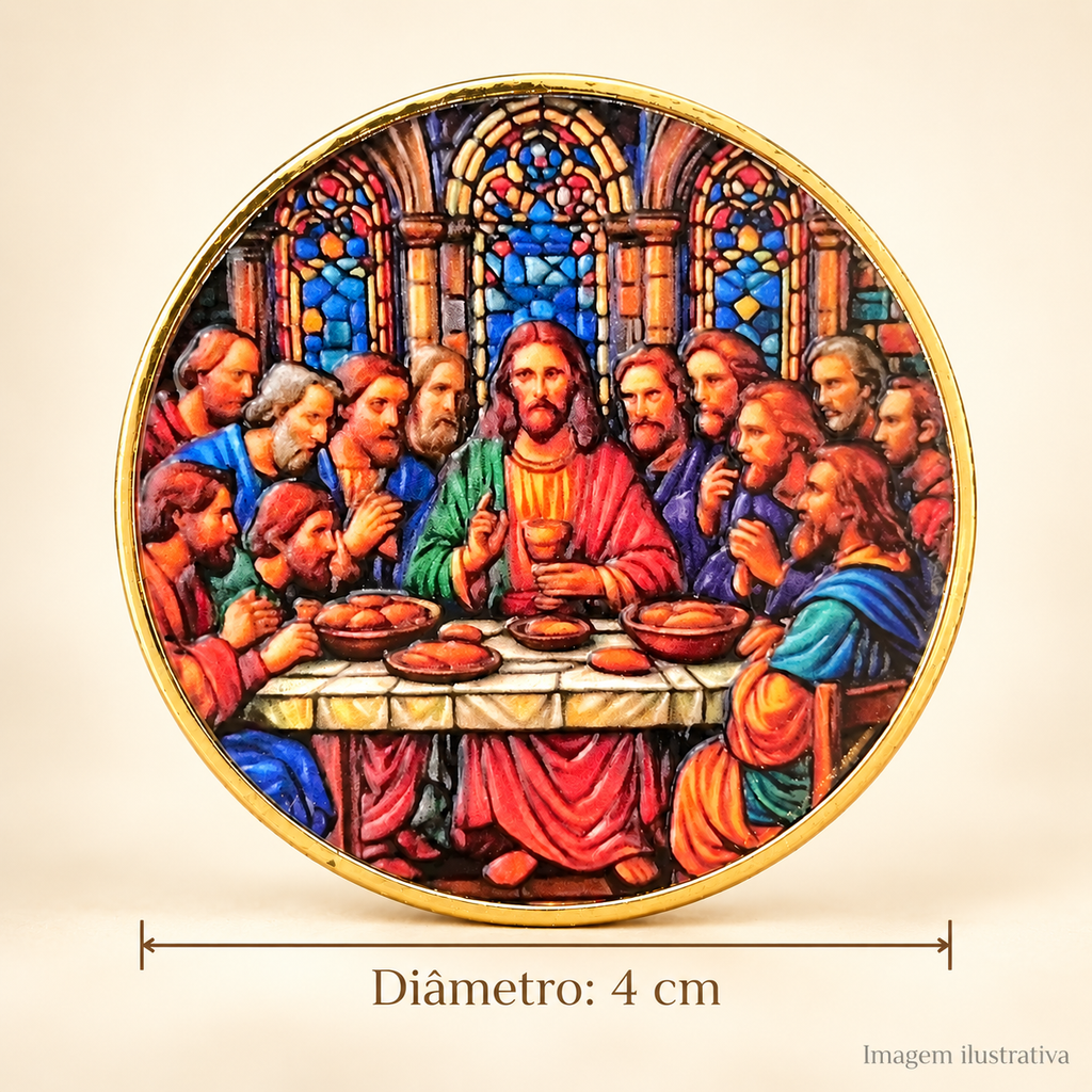 MOEDA COMEMORATIVA DA ÚLTIMA CEIA – FÉ, UNIÃO E MEMÓRIA — diâmetro de 4 cm, imagem ilustrativa
