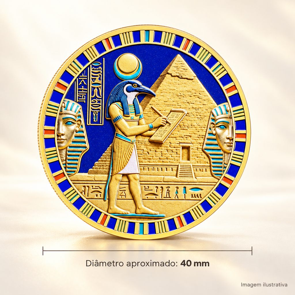 MOEDA EGÍPCIA DOURADA THOTH E HÓRUS COM PIRÂMIDES – SABEDORIA, PROTEÇÃO E CONHECIMENTO — imagem ilustrativa com medidas, diâmetro aproximado de 40 mm