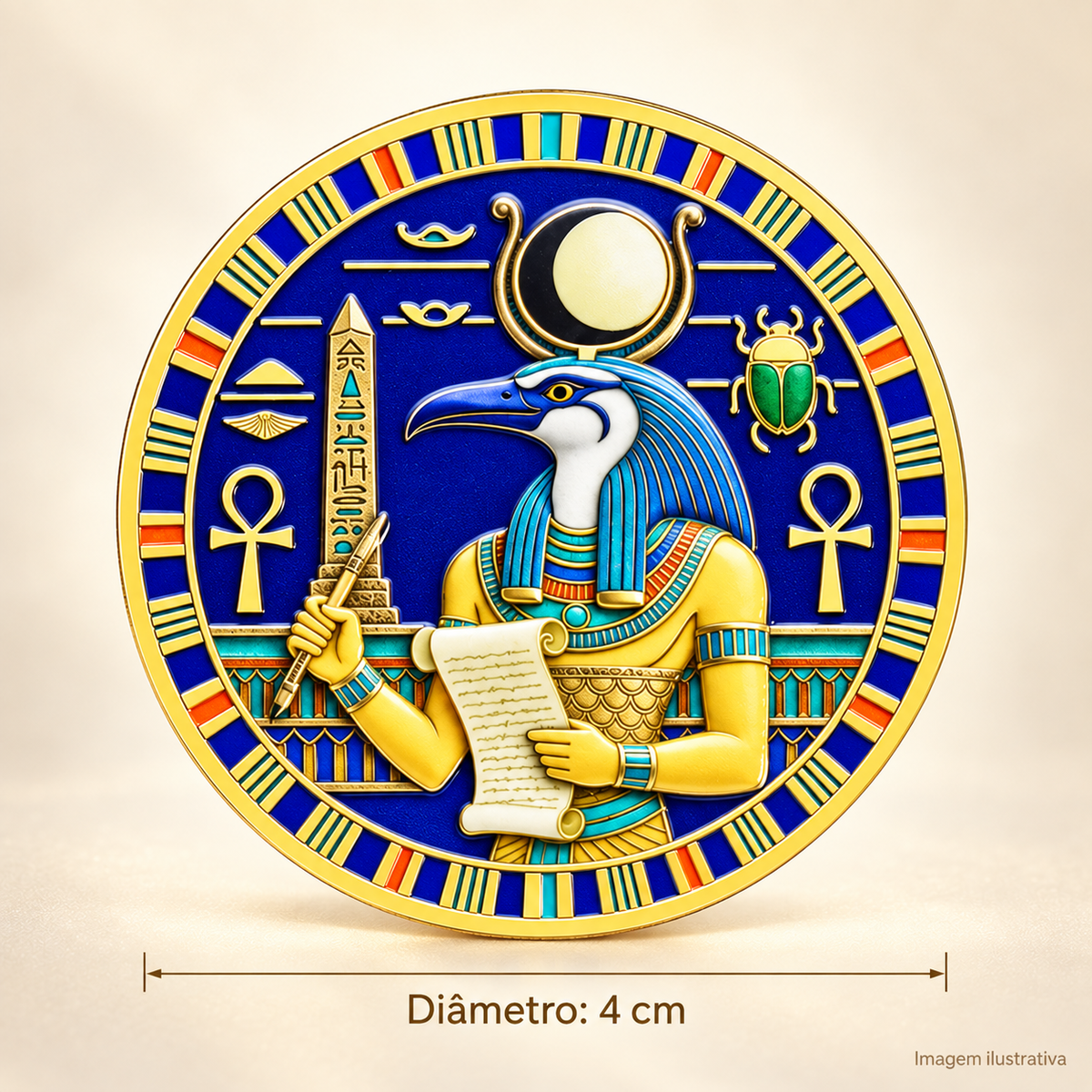 MOEDA EGÍPCIA COLORIDA THOTH E HÓRUS – SABEDORIA, PROTEÇÃO E PODER SOLAR — diâmetro de 4 cm, imagem ilustrativa