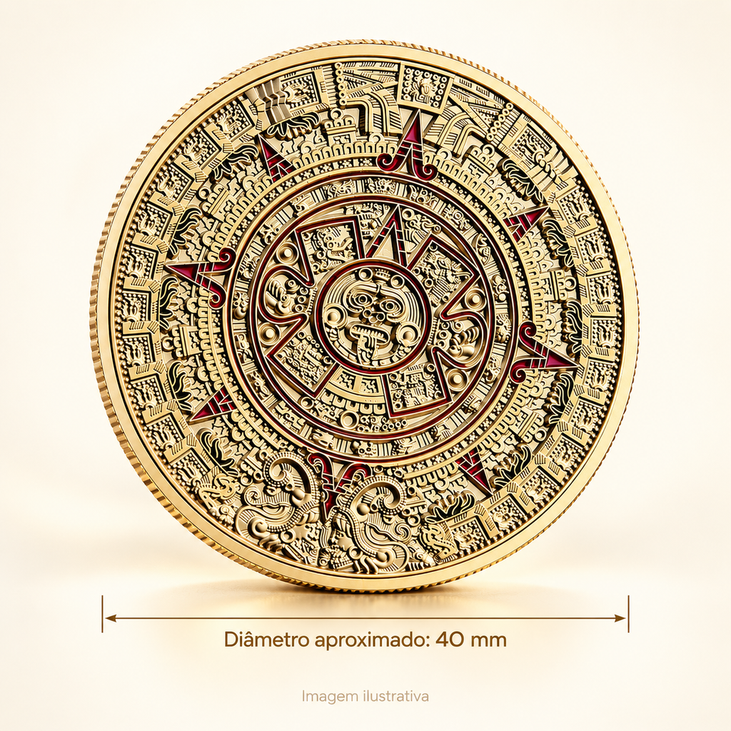 MOEDA CALENDÁRIO MAIA E ASTECA – TEMPO, CICLOS E MEMÓRIA — imagem ilustrativa com medidas, diâmetro aproximado de 40 mm