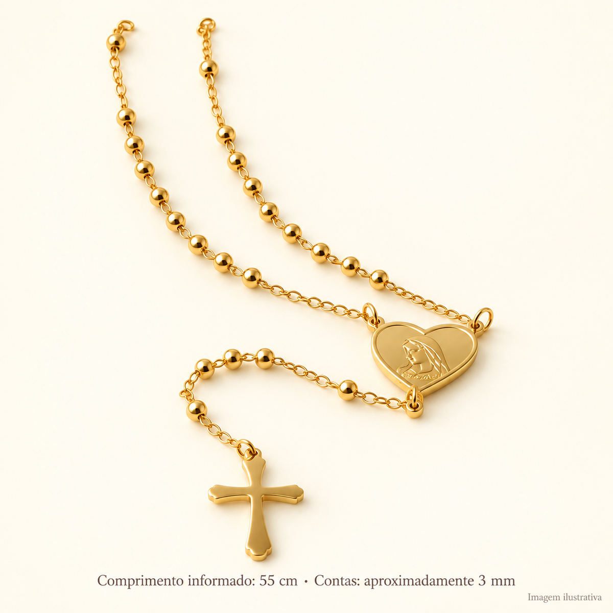 ROSÁRIO DOURADO EM AÇO INOXIDÁVEL COM MEDALHA DE MARIA E CRUZ – DEVOÇÃO E PRESENÇA — imagem ilustrativa com medidas aproximadas