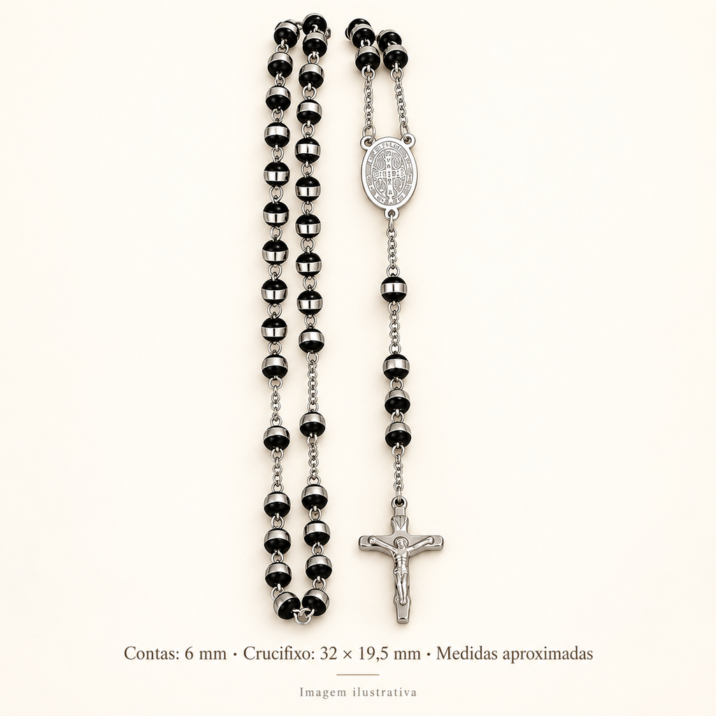 ROSÁRIO EM AÇO INOXIDÁVEL COM MEDALHA DE MARIA E CRUCIFIXO – 4 ACABAMENTOS — imagem ilustrativa com medidas aproximadas