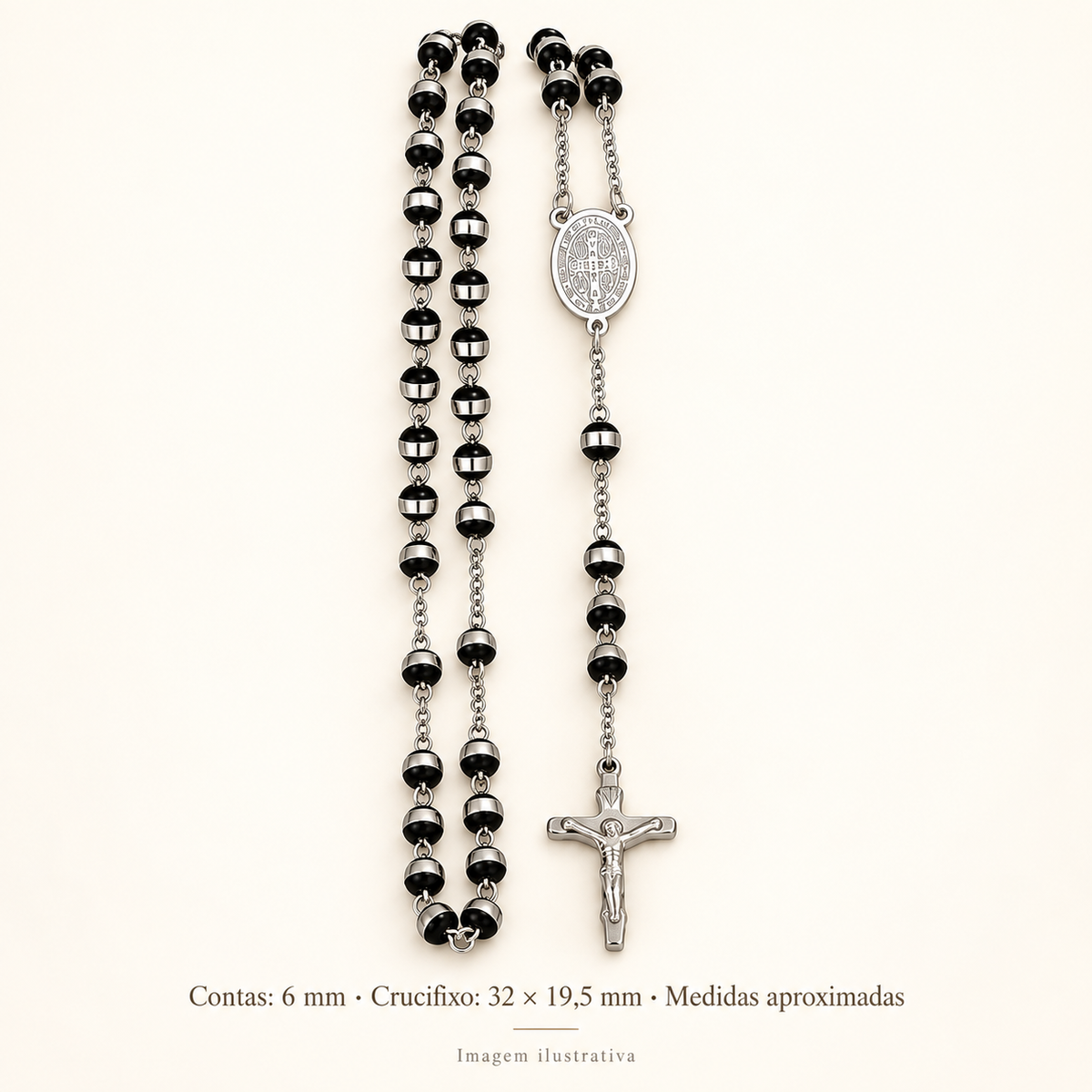 ROSÁRIO EM AÇO INOXIDÁVEL COM MEDALHA DE MARIA E CRUCIFIXO – 4 ACABAMENTOS — imagem ilustrativa com medidas aproximadas