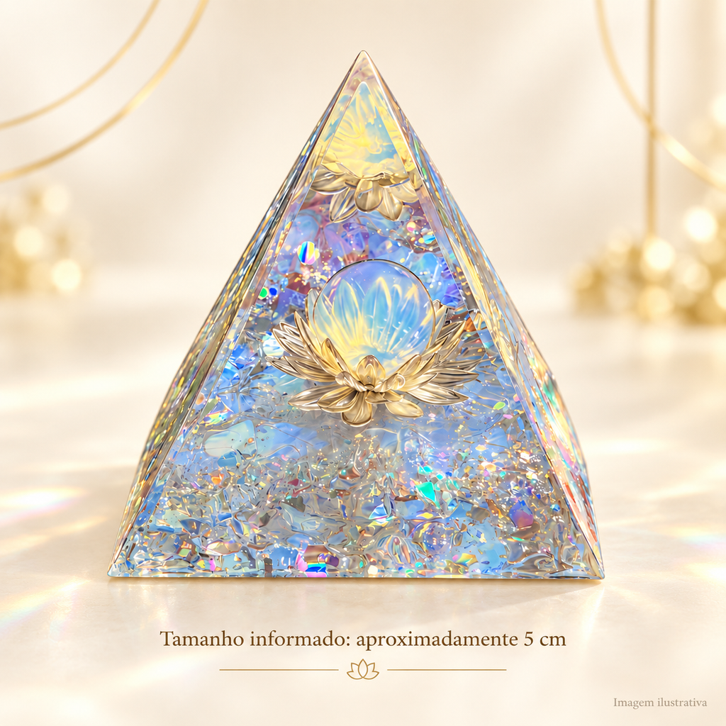 PIRÂMIDE ORGONITE OPALESCENTE COM FLOR DE LÓTUS — imagem ilustrativa com medidas aproximadas