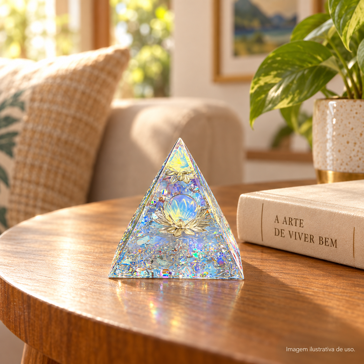 PIRÂMIDE ORGONITE OPALESCENTE COM FLOR DE LÓTUS — imagem ilustrativa de uso