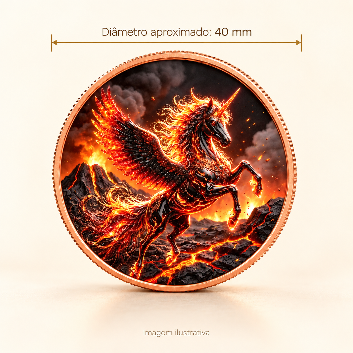 MOEDA UNICÓRNIO EM COBRE .999 – IMAGINAÇÃO E RENOVAÇÃO — imagem ilustrativa com medidas, diâmetro aproximado de 40 mm