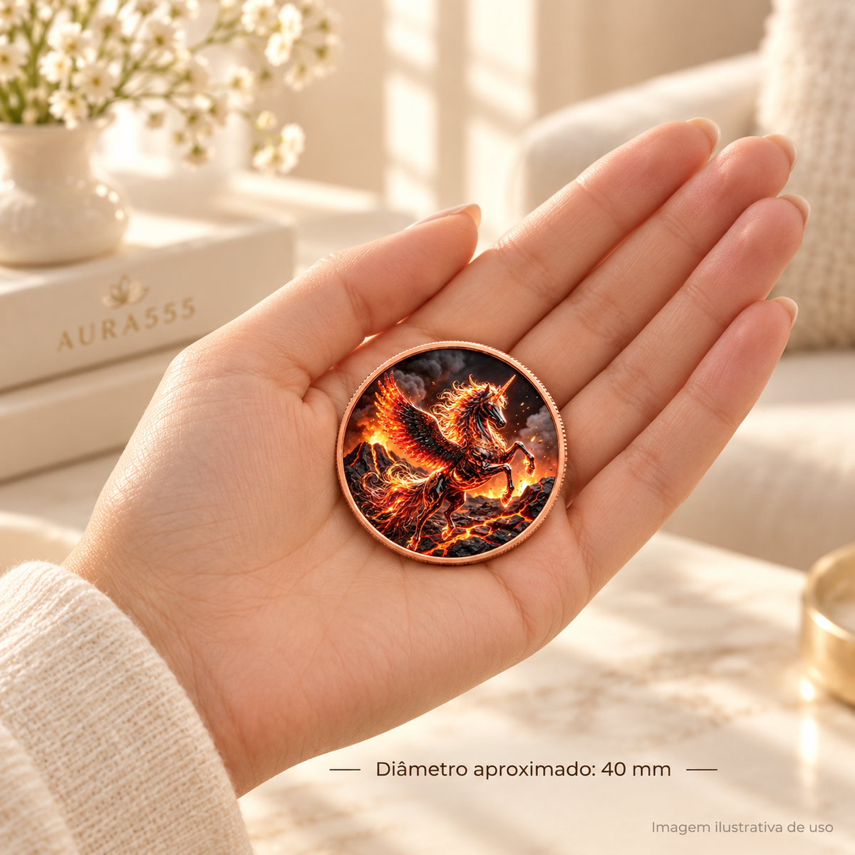 MOEDA UNICÓRNIO EM COBRE .999 – IMAGINAÇÃO E RENOVAÇÃO — imagem ilustrativa de uso, diâmetro aproximado de 40 mm