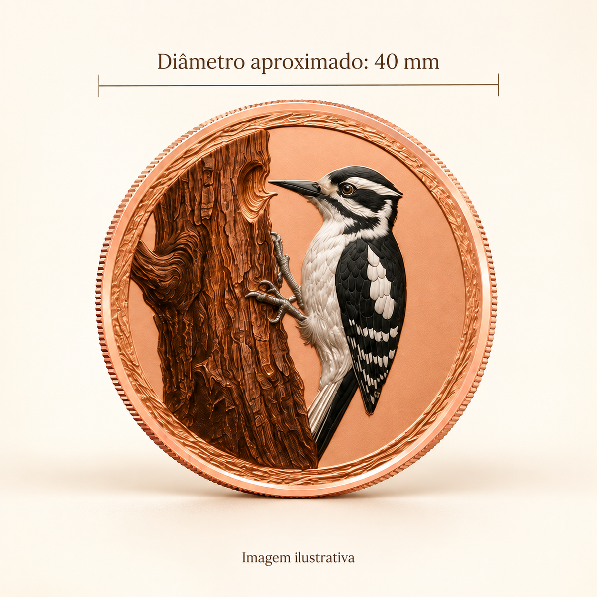 SÉRIE DE MOEDAS PÁSSAROS DA FLORESTA EM COBRE .999 – LIBERDADE E NATUREZA — imagem ilustrativa com medidas, diâmetro aproximado de 40 mm