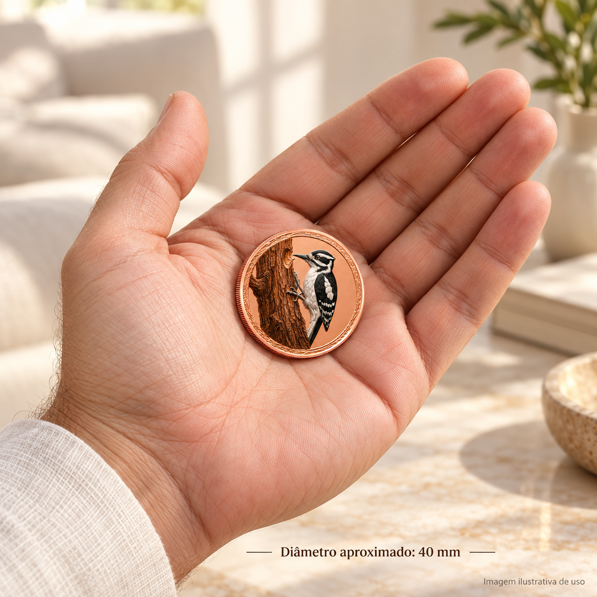 SÉRIE DE MOEDAS PÁSSAROS DA FLORESTA EM COBRE .999 – LIBERDADE E NATUREZA — imagem ilustrativa de uso, diâmetro aproximado de 40 mm