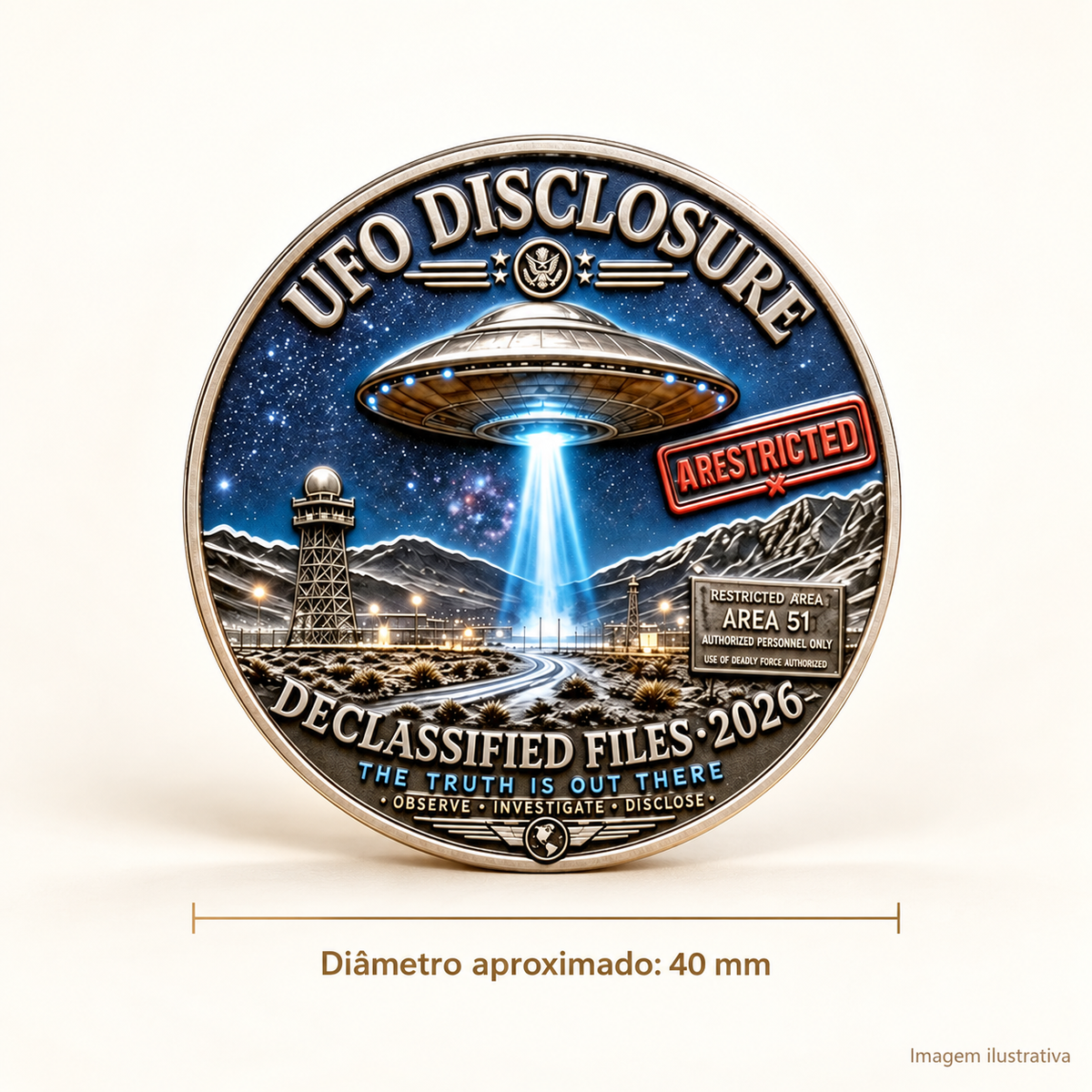 MOEDA CONSCIÊNCIA CÓSMICA 2026 – MISTÉRIO E DESCOBERTA — imagem ilustrativa com medidas, diâmetro aproximado de 40 mm