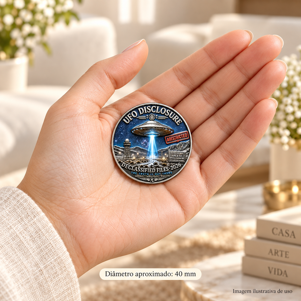 MOEDA CONSCIÊNCIA CÓSMICA 2026 – MISTÉRIO E DESCOBERTA — imagem ilustrativa de uso, diâmetro aproximado de 40 mm