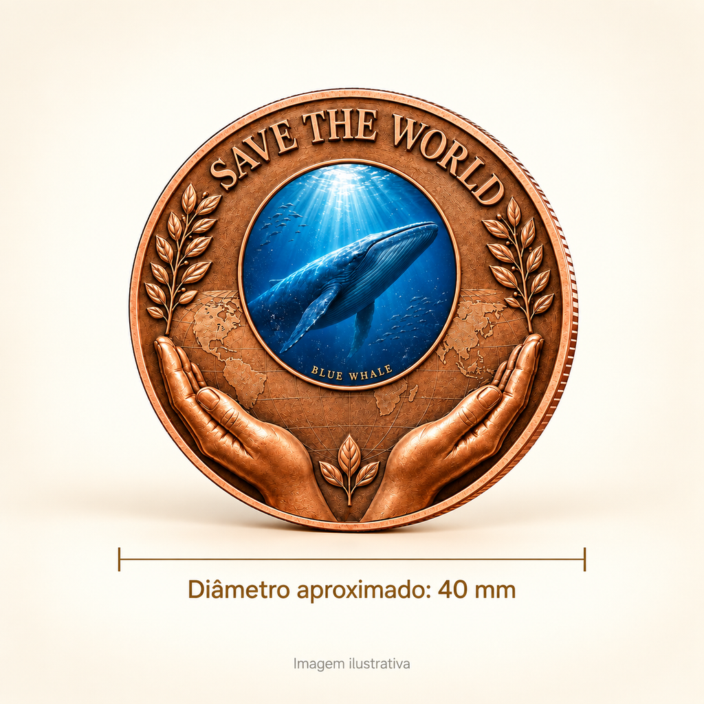 MOEDA BALEIA-AZUL EM COBRE PURO .999 – OCEANO E PROTEÇÃO — imagem ilustrativa com medidas, diâmetro aproximado de 40 mm