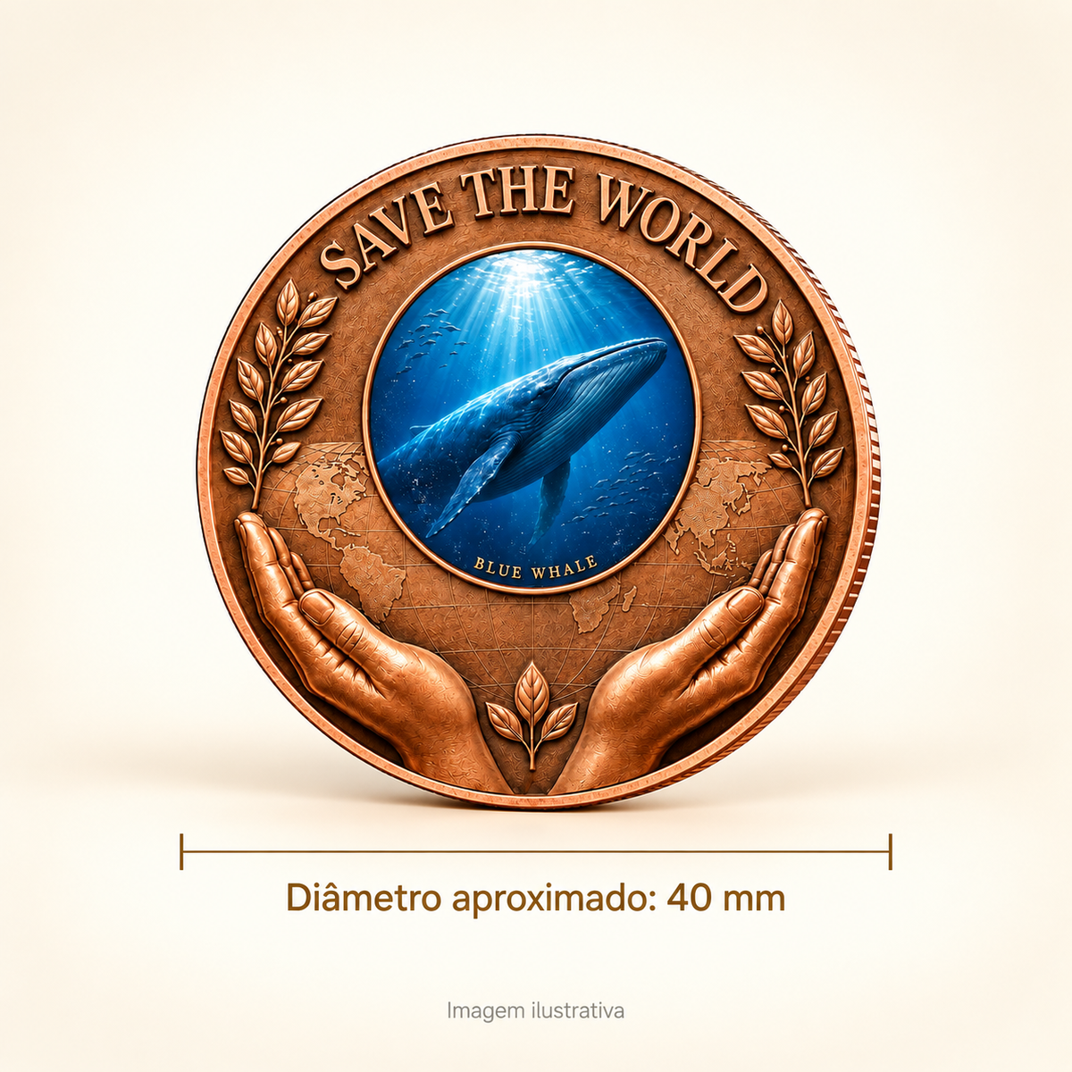 MOEDA BALEIA-AZUL EM COBRE PURO .999 – OCEANO E PROTEÇÃO — imagem ilustrativa com medidas, diâmetro aproximado de 40 mm