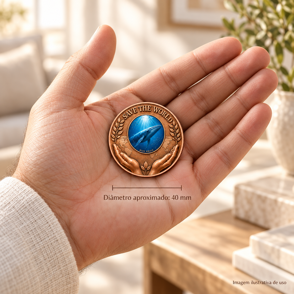 MOEDA BALEIA-AZUL EM COBRE PURO .999 – OCEANO E PROTEÇÃO — imagem ilustrativa de uso, diâmetro aproximado de 40 mm