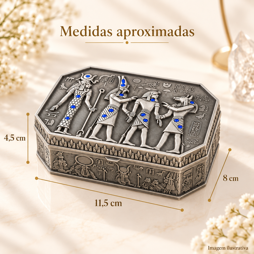 CAIXA DE JOIAS EGÍPCIA EM METAL – MEMÓRIA E MISTÉRIO — imagem ilustrativa com medidas aproximadas