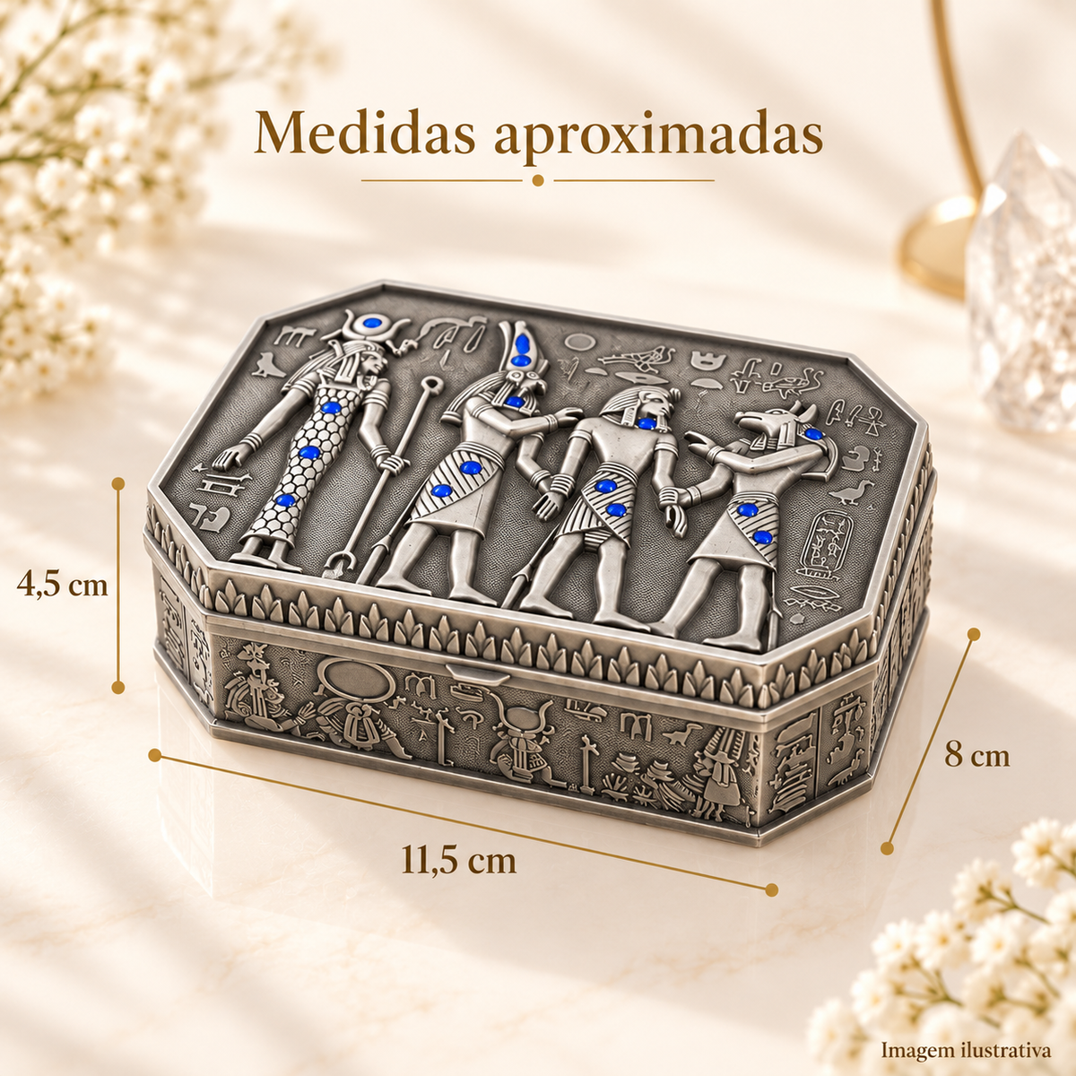 CAIXA DE JOIAS EGÍPCIA EM METAL – MEMÓRIA E MISTÉRIO — imagem ilustrativa com medidas aproximadas