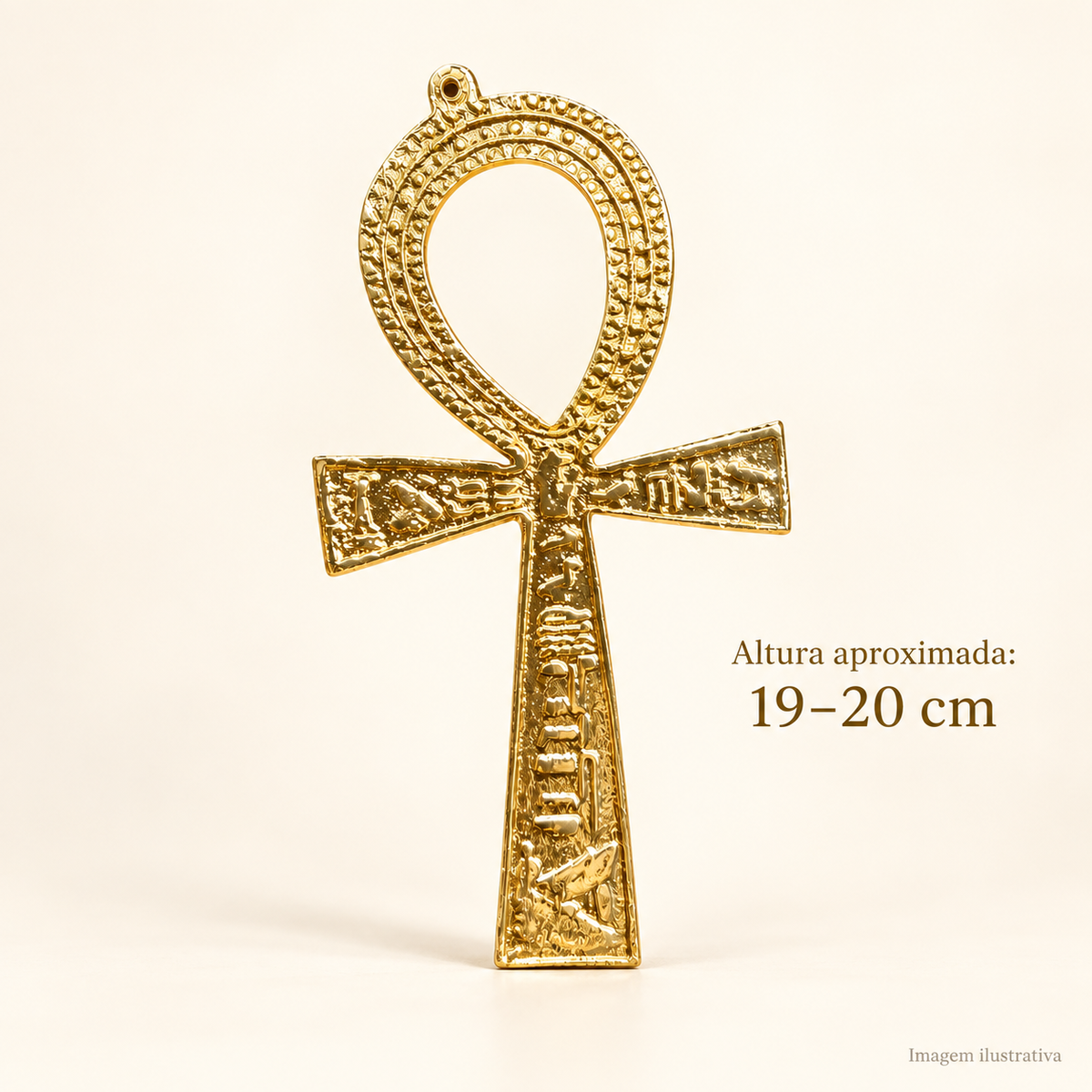 OBJETO DECORATIVO ANKH EGÍPCIO – VIDA E CONTINUIDADE — imagem ilustrativa com medidas aproximadas