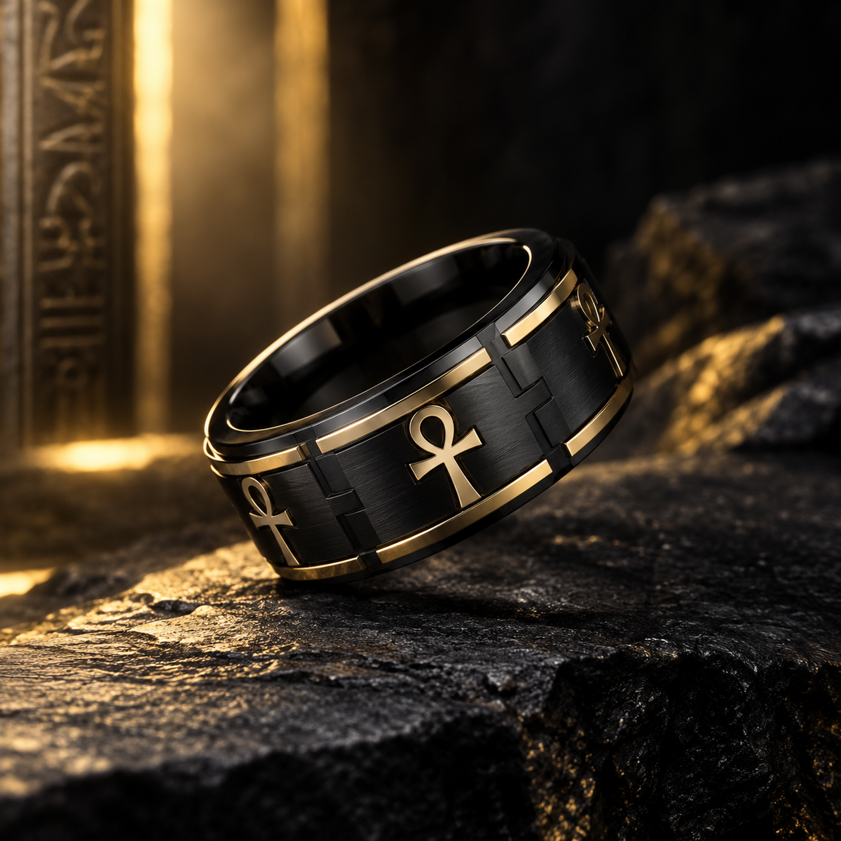 Anel Ankh preto e dourado em composição inspirada no Egito antigo