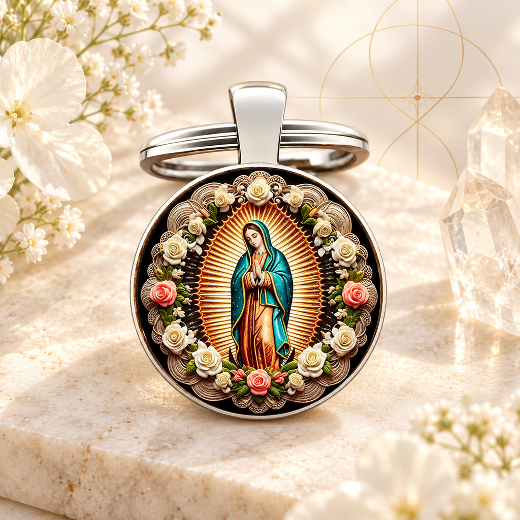 Chaveiro Nossa Senhora de Guadalupe com detalhes florais em composição Aura555