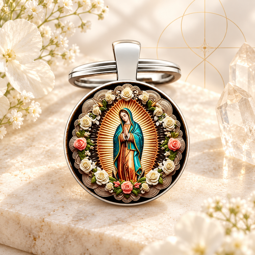 Chaveiro Nossa Senhora de Guadalupe com detalhes florais em composição Aura555