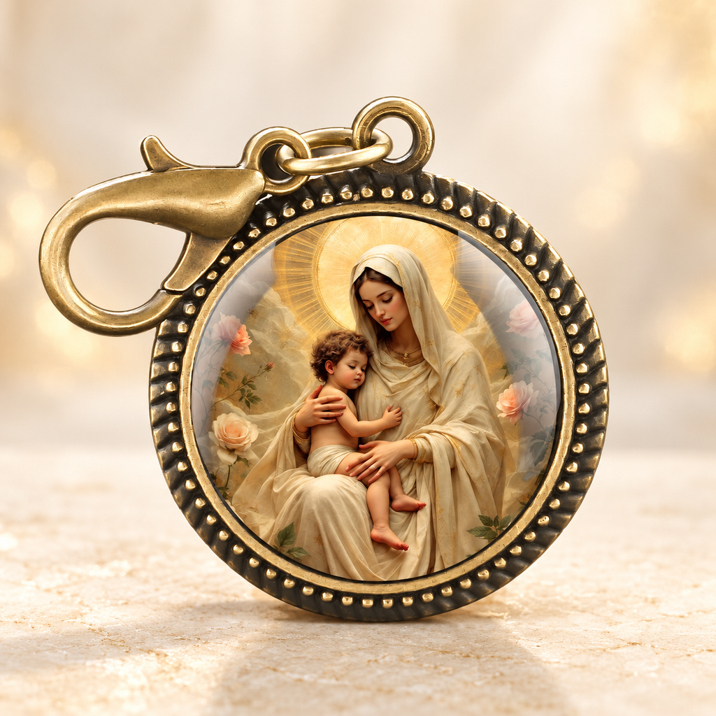 Chaveiro de Nossa Senhora em vidro em fundo marfim Aura555