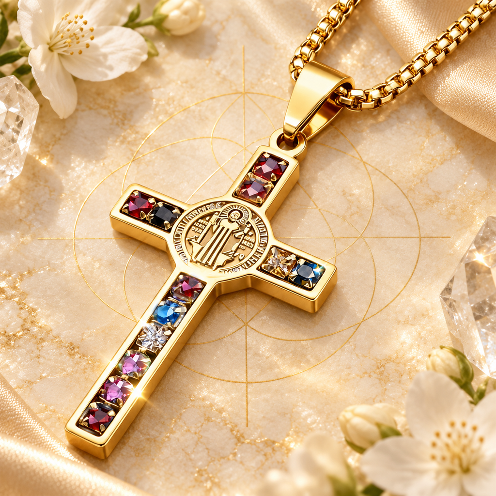 Colar cruz de São Bento com zircônias em composição Aura555