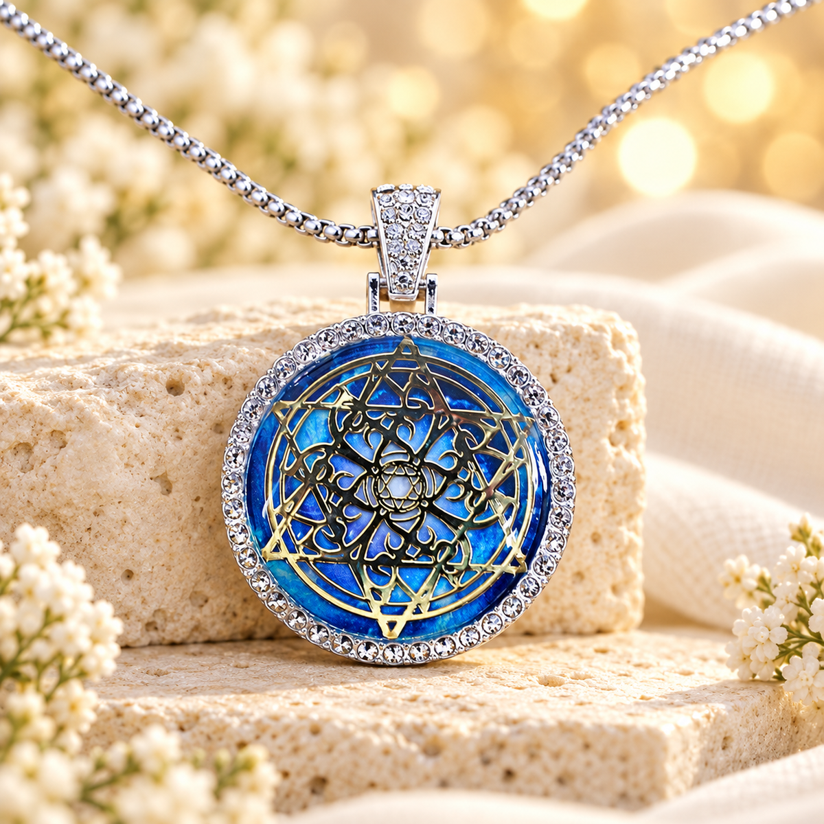 Colar de mandala azul com geometria dourada, zircônias e corrente prateada, em cenário claro AURA555.