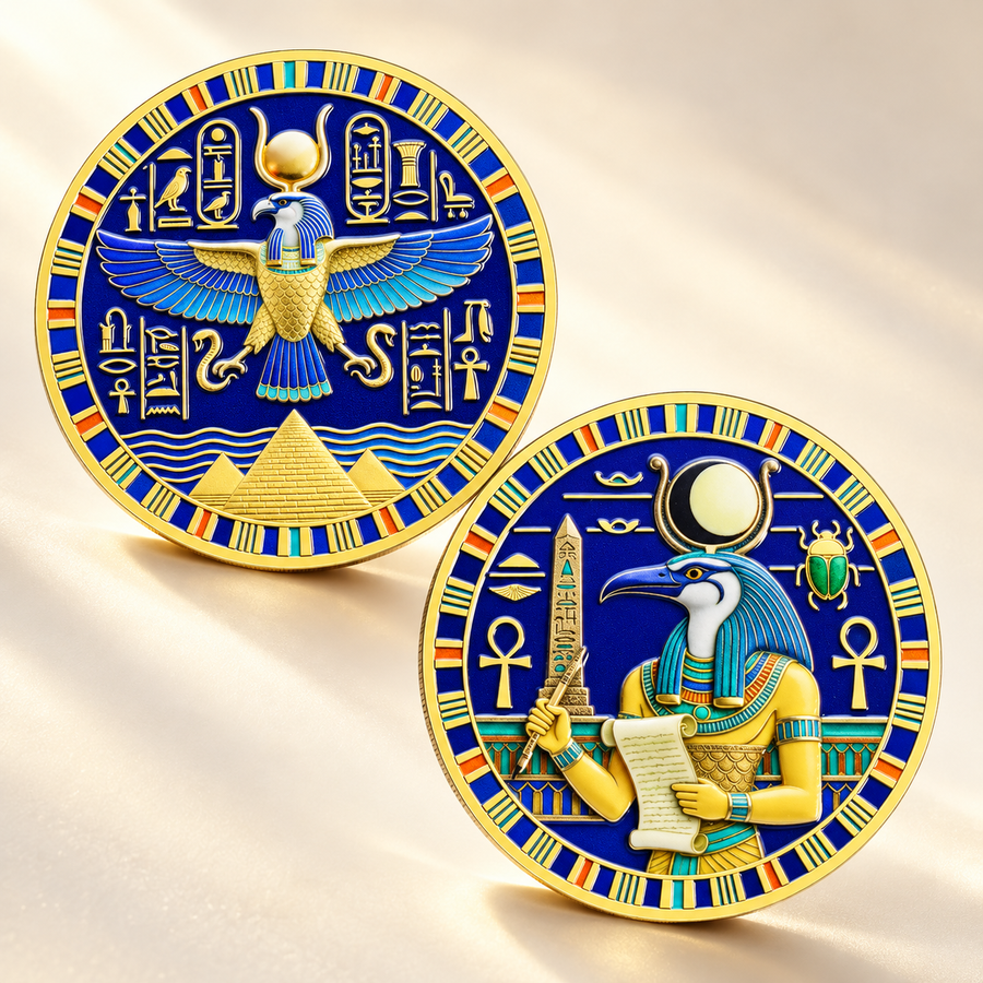 Moeda egípcia colorida de Hórus e Thoth em composição Aura555