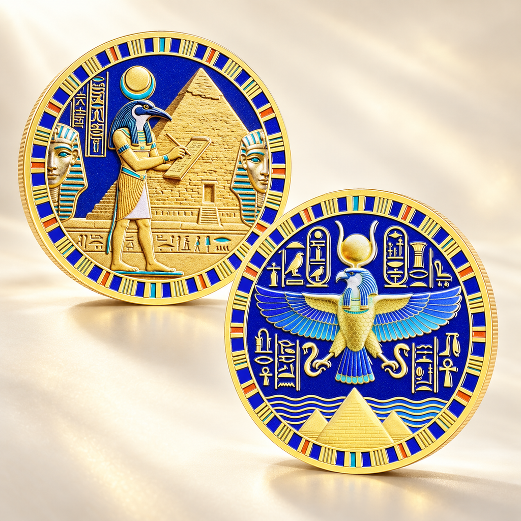 Moeda egípcia dourada de Thoth e Hórus com pirâmides em composição Aura555