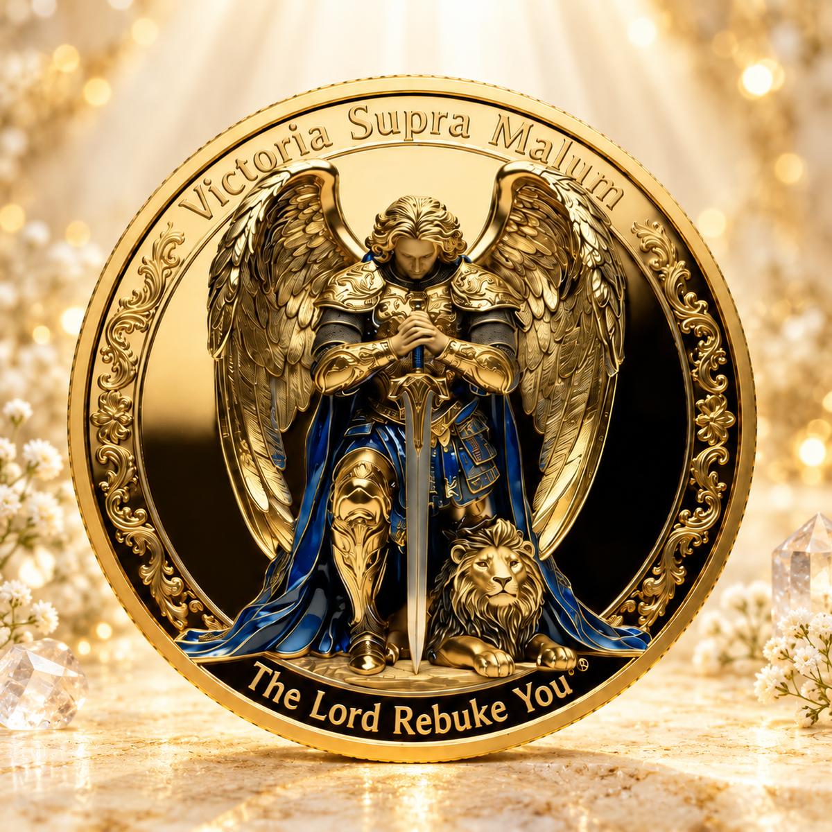 MOEDA COMEMORATIVA SÃO MIGUEL ARCANJO BANHADA A OURO – ESPADA DO ESPÍRITO. COLEÇÃO GUARDIÕES DA FÉ CRISTÃ — cenário dourado AURA555
