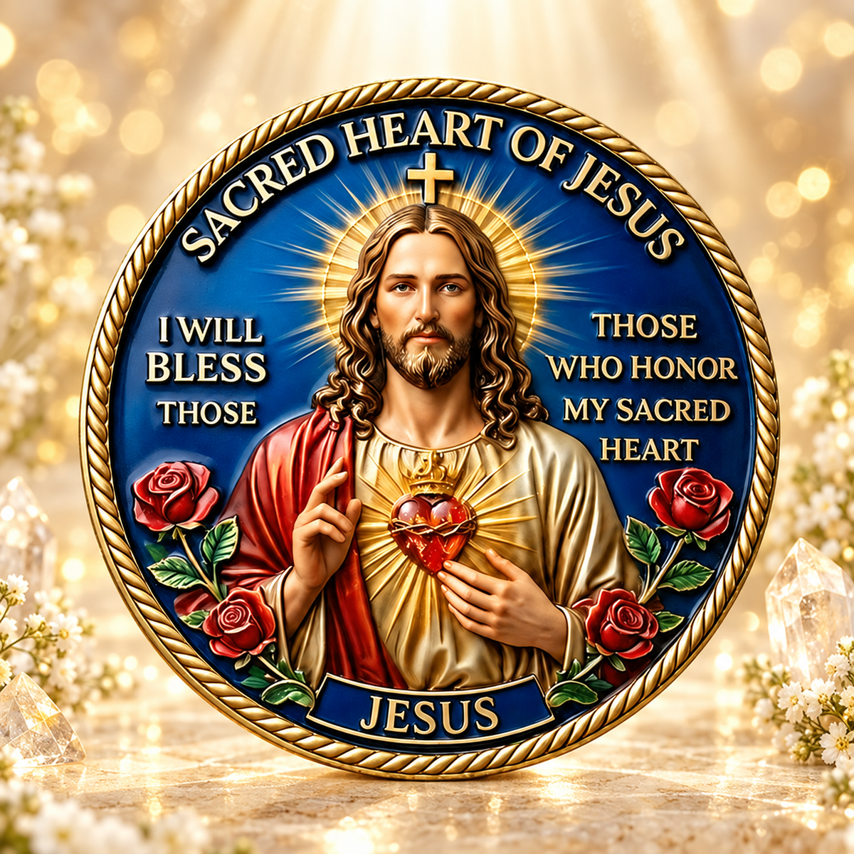 MOEDA DO SAGRADO CORAÇÃO DE JESUS – AMOR, MISERICÓRDIA E DEVOÇÃO. SALVAI NOSSAS ALMAS — cenário dourado AURA555