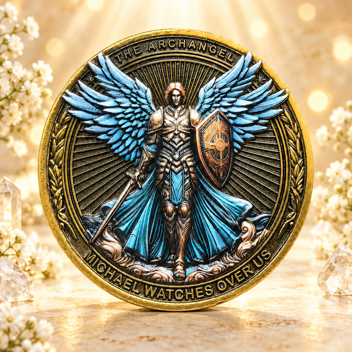 MOEDA ARCANJO MIGUEL - MIGUEL VELA POR NÓS - SALMO 91:10–11 — cenário dourado AURA555